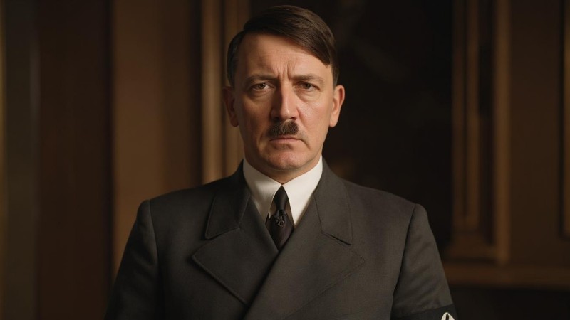 Adolf Hitler - Black-and-white photographic portrait of Hitler standing - Digital concept art for illustrative purpose, tags: zur - Monok