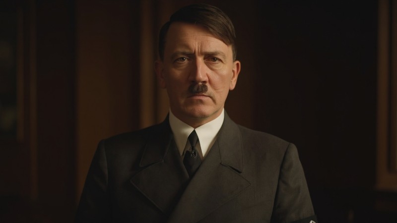 Adolf Hitler - Black-and-white photographic portrait of Hitler standing - Digital concept art for illustrative purpose, tags: und die - Monok